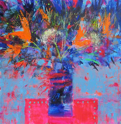 An Abstract Painting Of Colorful Flowers In A Blue Vase On A Red And