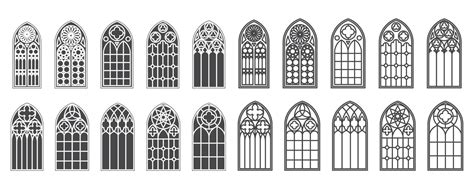 Church Windows Set Silhouettes Of Gothic Arches In Line And Glyph