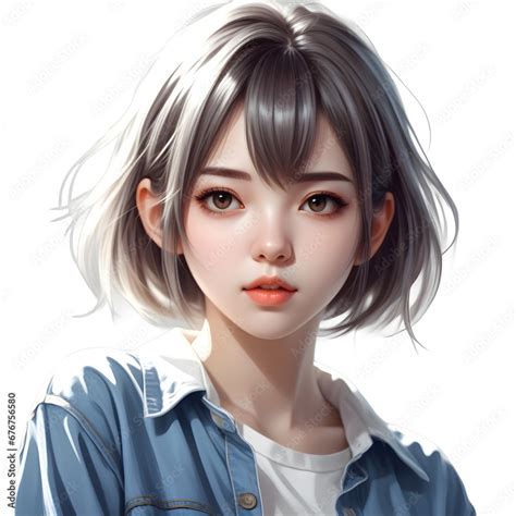 Anime Girl Short Hair Wearing Kawaii Shirt And Jeans Casual Clothing