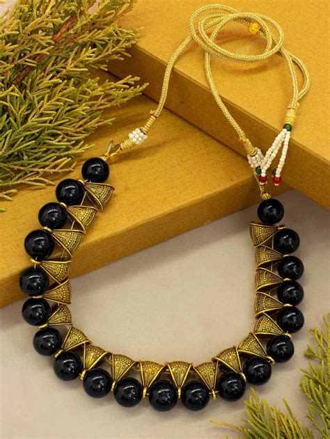 Gold Plated Shana Fashions Black Beads Necklace Jumkey Fashion