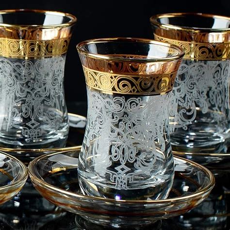 Amazon Com Vissmarta Gold Turkish Tea Glasses Cups Saucers Set Of
