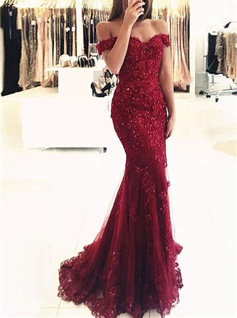 Burgundy Mermaid Evening Dresslace Off The Shoulder Evening Dress