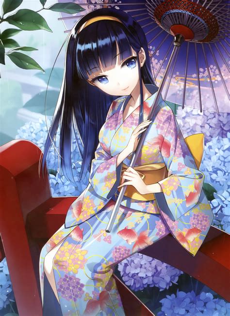 Flowers Blue Eyes Long Hair Anime Umbrellas Yukata Japanese