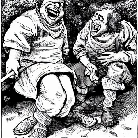 Precisely Drawn Illustration Of Two Villagers Laughing Stable