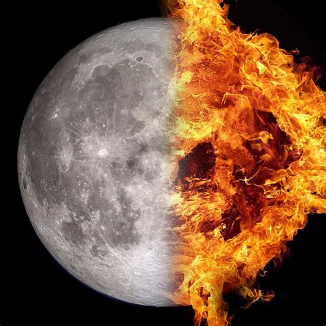 Moon Fire Celestial Body Sun Flame Night Sky Mystical Burn