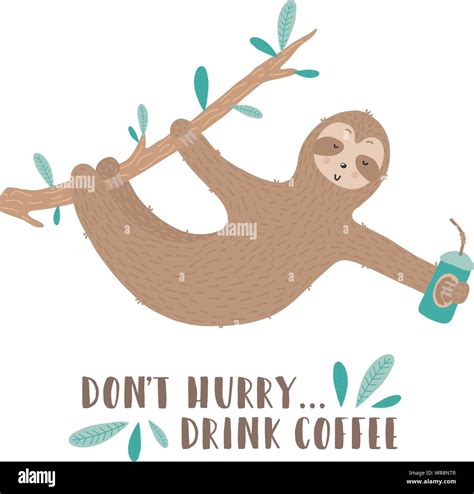 Vector Isolated Image Of A Cute Sloth Drinks Coffee Hand Drawn Cartoon