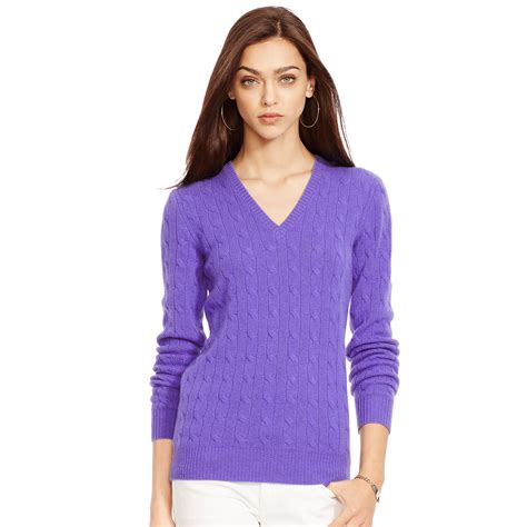 Ralph Lauren Cabled Cashmere V Neck Sweater In Purple Hyacinth Lyst