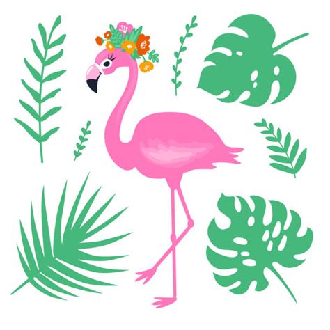 Cute Summer Card With Tropical Palm Leaves And Flamingo