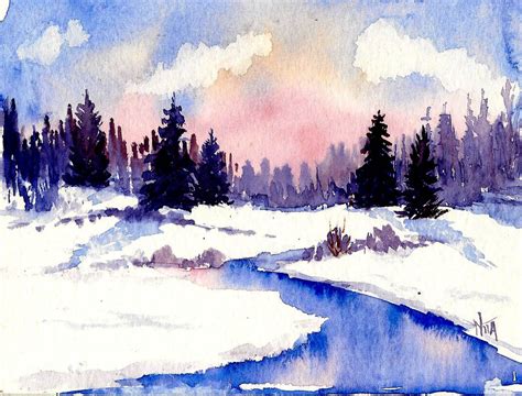 Cold Spring In Winter Watercolor 4x5 Copyrighted Nita Leger Casey