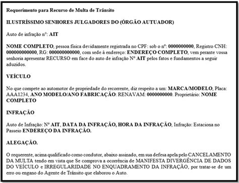 Modelo De Recurso Contra Multa De Trânsito Notificação Preenchida