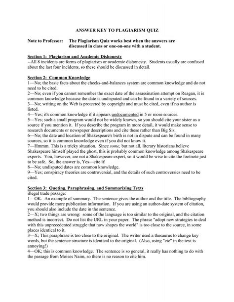 ANSWER KEY TO PLAGIARISM QUIZ Note to Professor - USS at Tufts