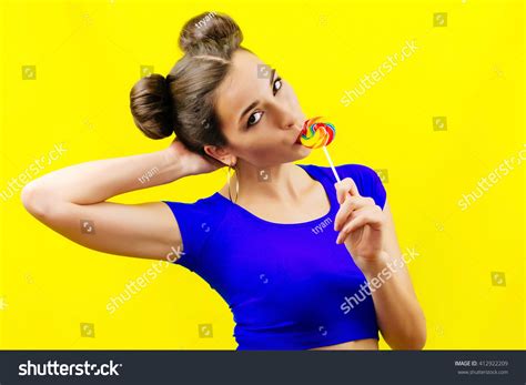 Portrait Woman Girl Lick Colorful Round Stock Photo Shutterstock