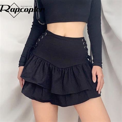 Rapcopter Goth Black Pleated Skirts Cross Tie Up Mini Skirts Y2k High
