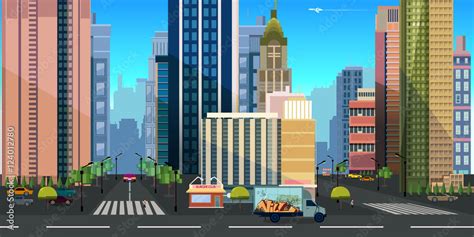 Seamless Cartoon City Landscape Vector Unending Background With Road