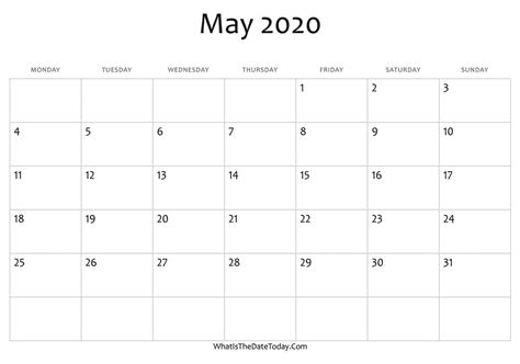 Blank May Calendar 2020 Editable Whatisthedatetodaycom
