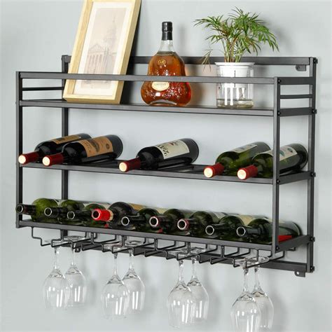 3 Tiers Industrial Wall Mounted Wine Rack 20 Bottles And Glass Holder Wall Wine Organizer