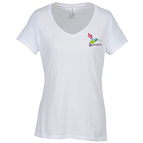Ultimate V Neck T Shirt Ladies White Embroidered