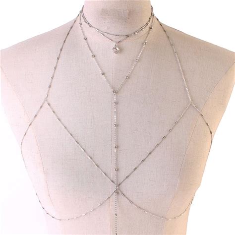 silver stones layered choker necklace bra body chain jewelry