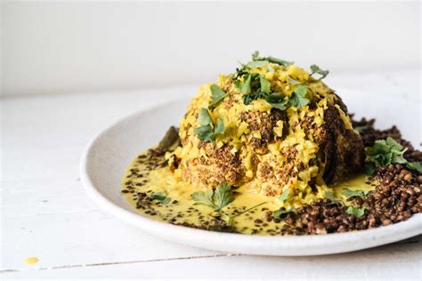 Whole Roasted Cauliflower With Turmeric Coconut Sauce And Fried Lentils Abc Everyday
