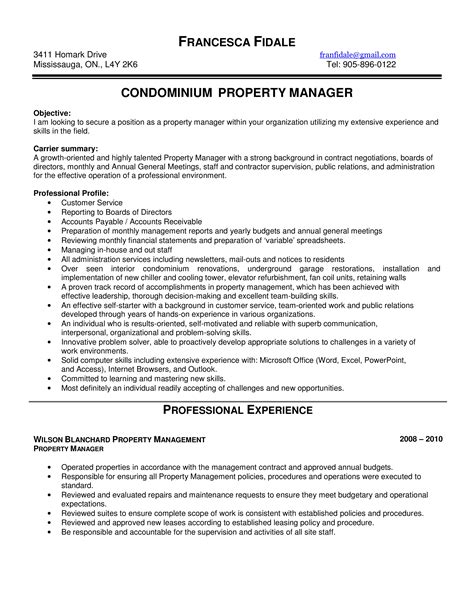Another duty is responsible for maintenance and repairs that involve emergency repairs and regular maintenance. Condomium Property Manager Resume - How to draft a ...