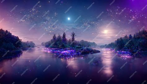 Premium Photo Magical Night River Landscape With Bioluminescent Blue