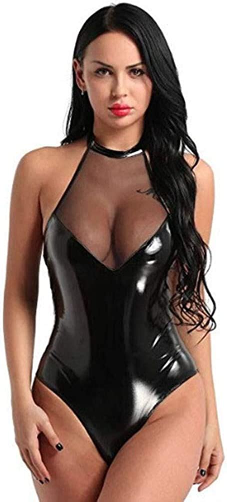Junhouse Womens Sexy Teddy Lingerie Patent Leather Halter Neck Bodysuits Fishnet See Through