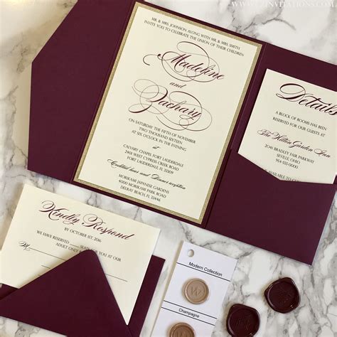 burgundy and gold glitter pocket wedding invitation — cz invitations burgundy wedding