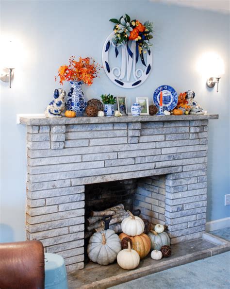 Blue And White Mantel Decor Fall To Christmas Pender And Peony A