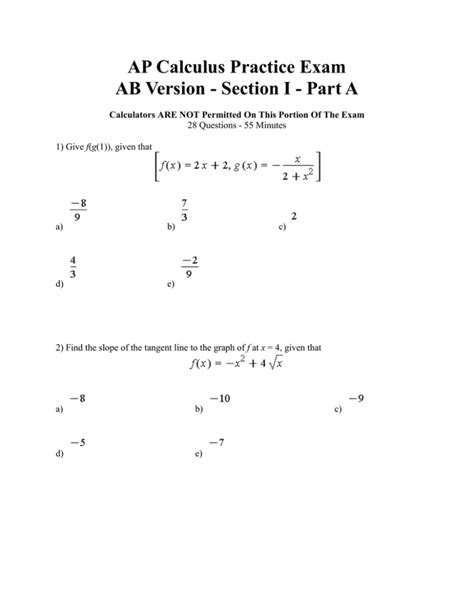 Ap Calculus Practice Exam Ab Version Section I