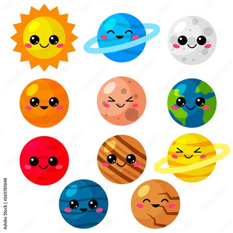 Kawaii Cartoon Vector Set Of Planets Cute Solar System For Kids