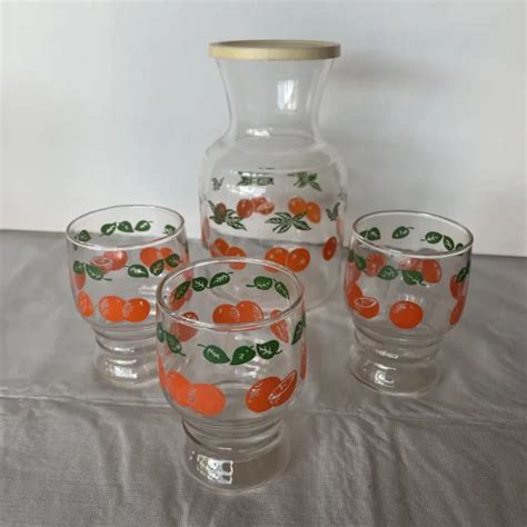 Vintage Glass Orange Juice Carafe With Lid And 3 Matching Glasses Libbey 22 50 Picclick