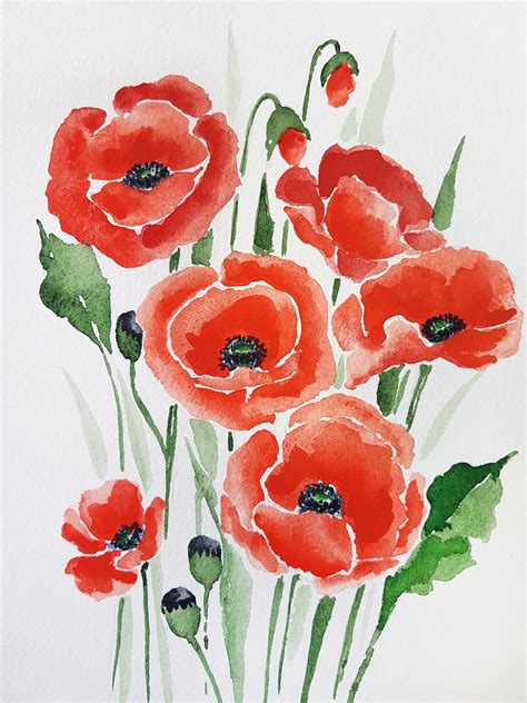 Original Poppies Painting Watercolor With Simple Flowers 7 X 10