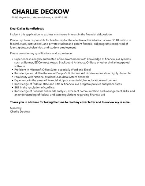 Financial Aid Cover Letter Velvet Jobs