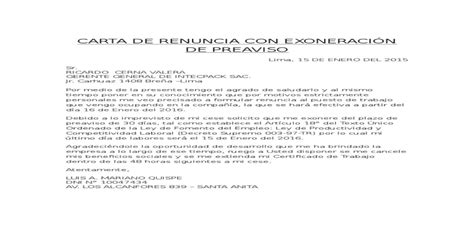 Ejemplo De Carta De Renuncia Con Exoneración De Preaviso Pdf Document