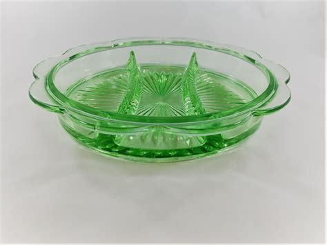 Large Uranium Glass Relish Dish 3 Part Green Depression Glass Divided