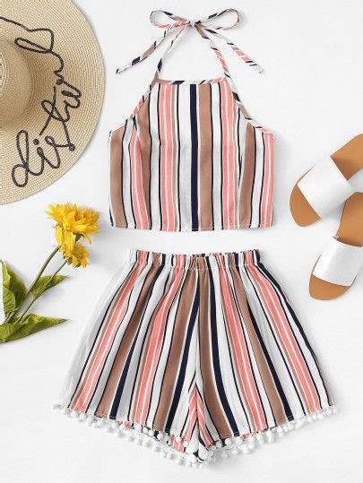 Striped Halter Top With Shortsfor Women Romwe Cute Outfits Cute Casual Outfits Tween Outfits
