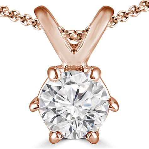 Round Cut Diamond Solitaire 6 Prong Pendant Necklace With Chain In Rose