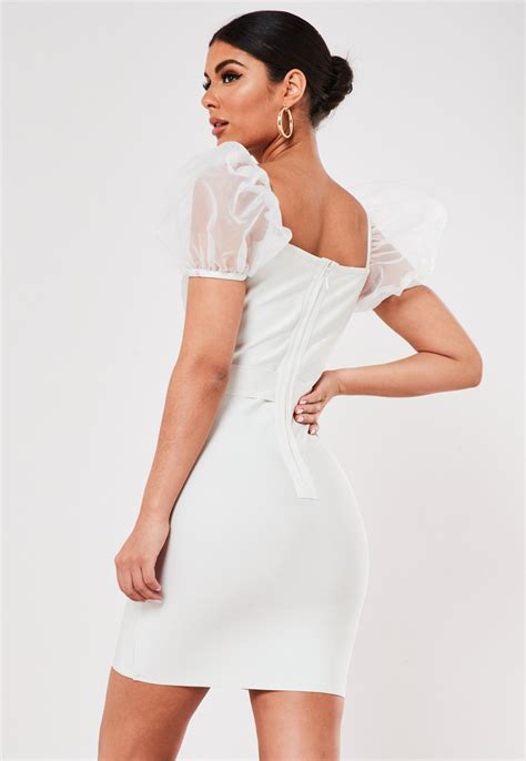 Premium White Organza Puff Sleeve Bandage Mini Dress Missguided