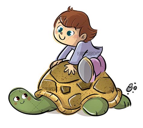 Chica Sobre Una Una Tortuga Jugando Dibustock Dibujos E Ilustraciones Infantiles Para Cuentos