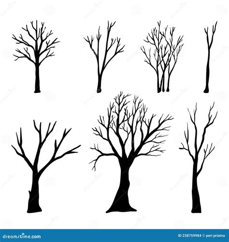 Set Of Hand Drawn Vector Doodle Naked Trees Silhouettes Sketch Illustrations Vector
