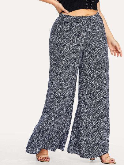 Shop Plus Elastic Waist Wide Leg Calico Pants Online Shein Offers Plus