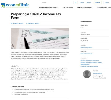 Preparing A 1040ez Income Tax Form Lesson Plan For 9th 12th Grade