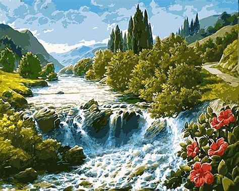 A Raging River Flowing Through The Green Lands Landscape Paint By