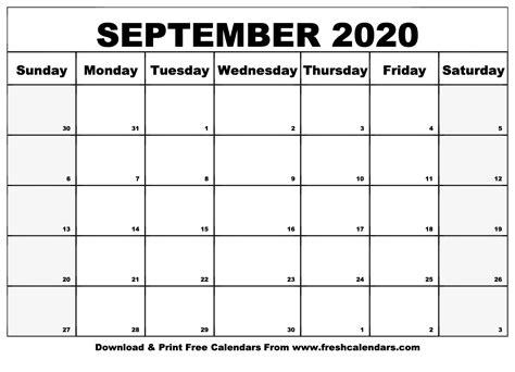 Free Editable Printable September 2020 Week Start With Sunday Example