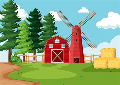 Red Barn And Windmill In Farm Scene 1590789 Vector Art At Vecteezy