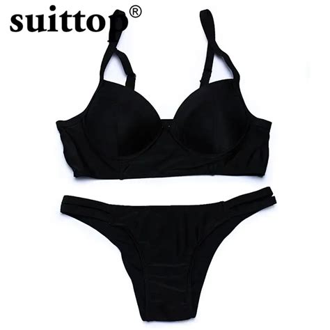 Suittop New Bikini 2017 Sexy Solid Black Maillot De Bain Push Up Swimsuit Underwire Bikinis Set