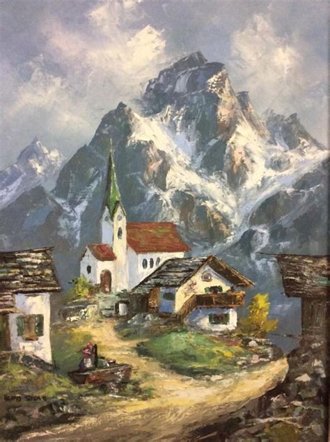 Gorgeous European Mountain Town Scene Oil Painting By Herb S