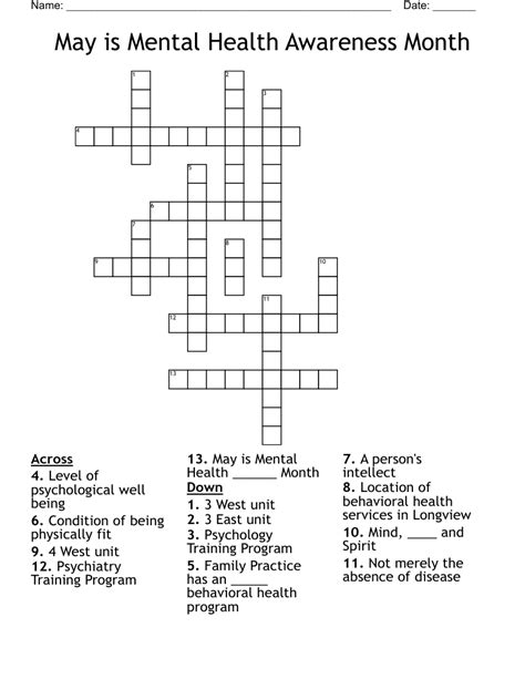 May Is Mental Health Awareness Month Crossword Wordmint