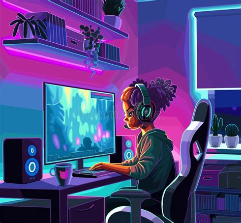 Girl Gamer Or Streamer With A Headset Sits In Front Of A Computer In A