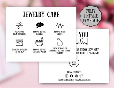 Editable Jewelry Care Card Jewelry Care Instructions Small Business